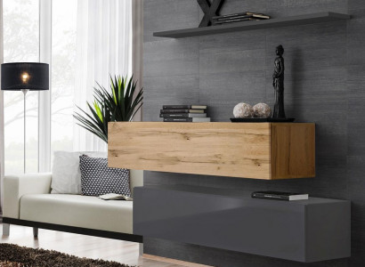 Wunnzëmmer Wunnwand Set 3tlg Grupp Garnitur Schaf Holz Miwwelen Wand Regal